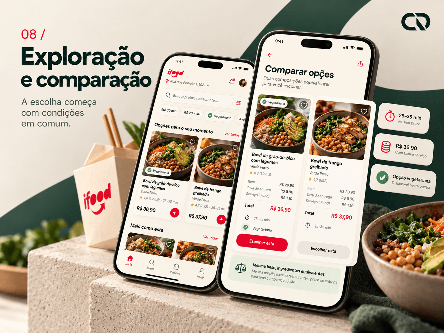 Dois celulares com lista de refeições e comparação de pratos, preço, prazo e opção vegetariana.
