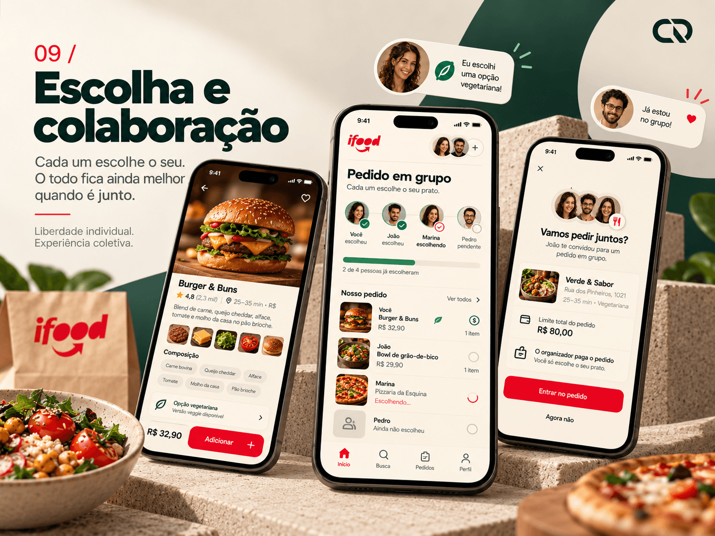 Três celulares com detalhe de prato, participantes e convite para entrar no pedido.