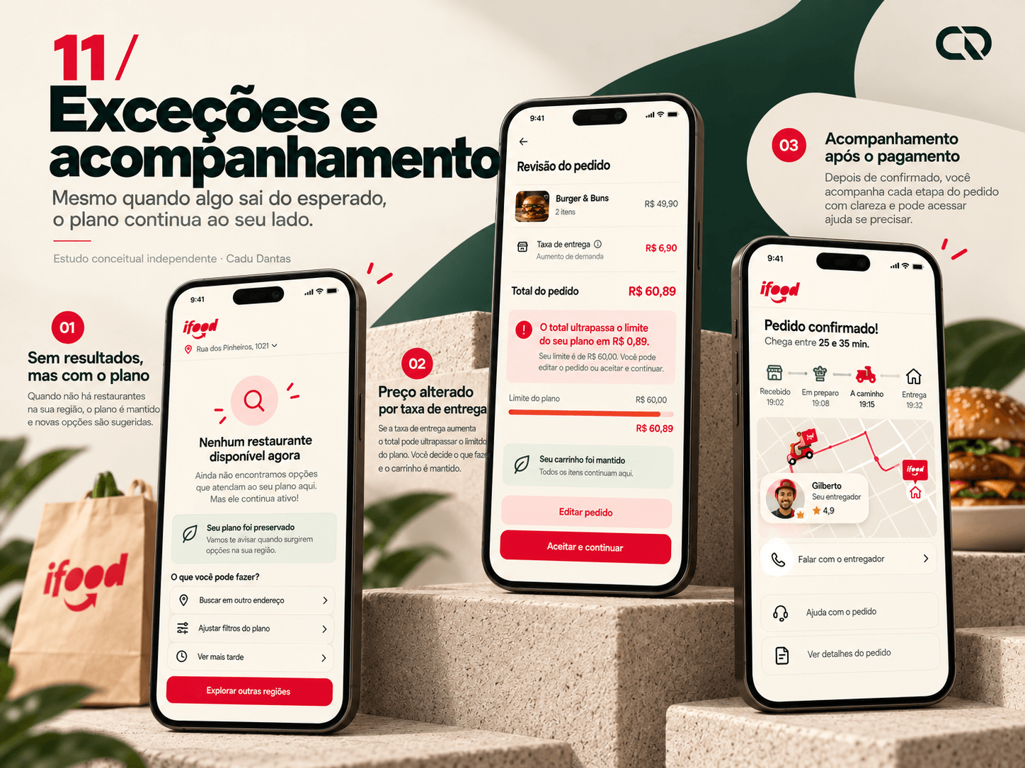 Três celulares mostram ausência de resultados, preço alterado e status da entrega.