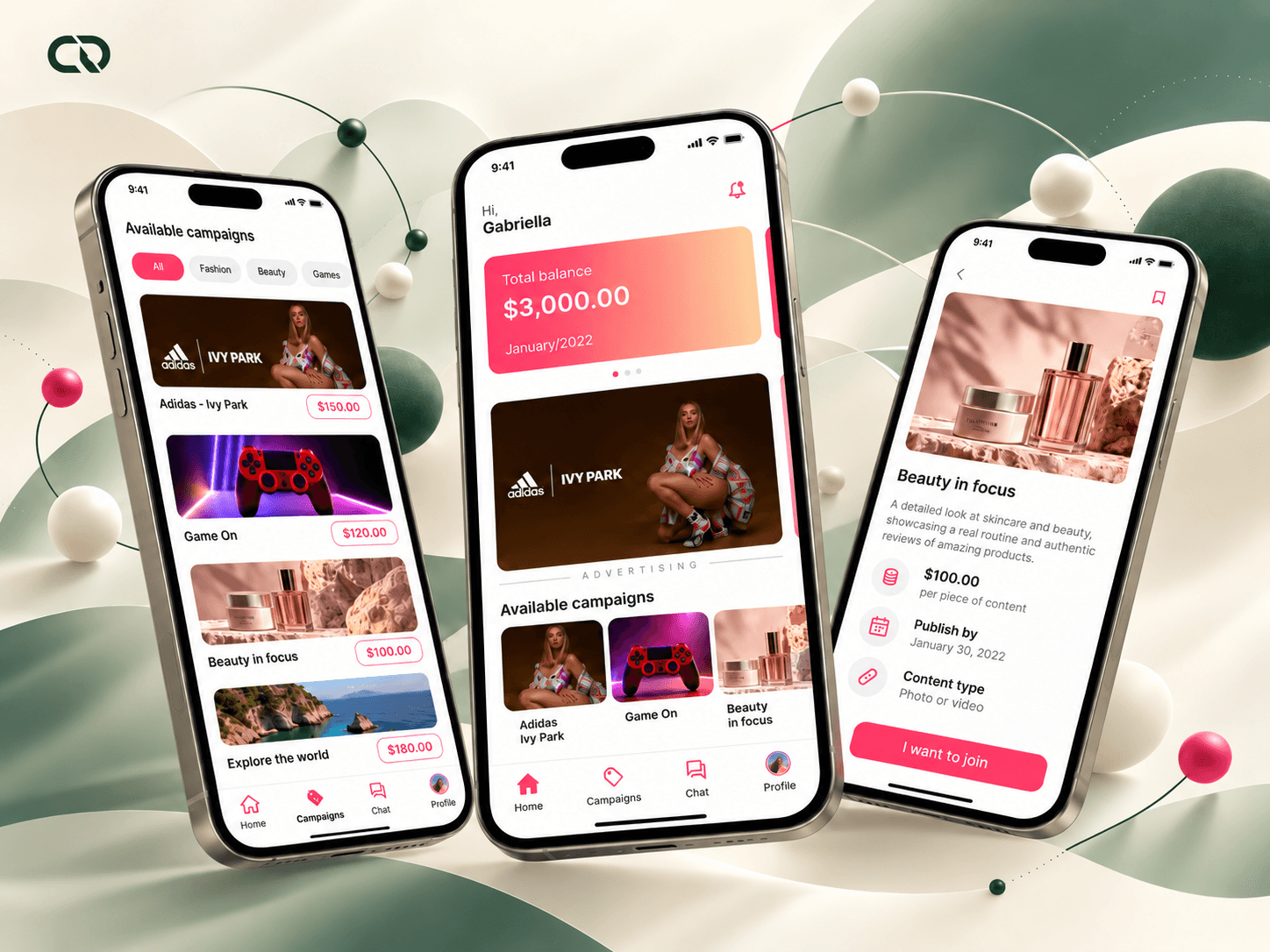 Mobile screens showing campaign discovery, balance and opportunity details.