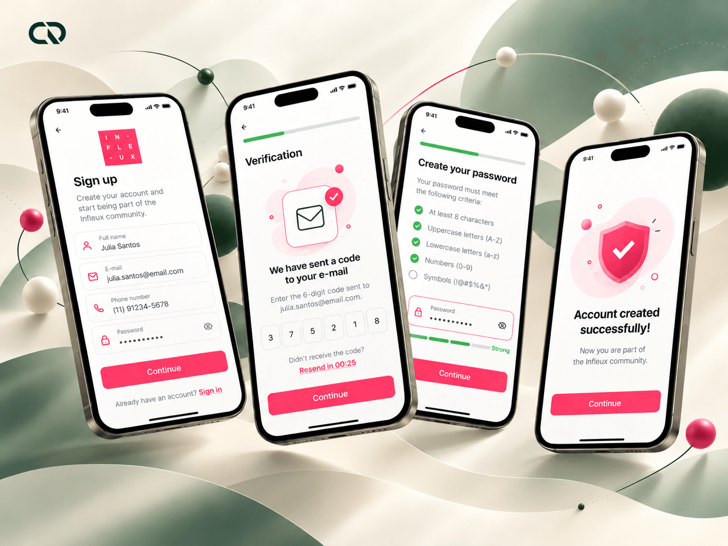 A sequence of sign-up, validation, password requirements and account confirmation screens.