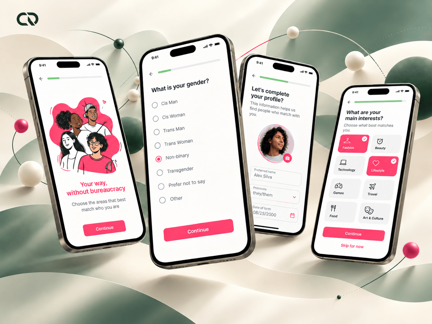 Onboarding, gender identification options and a profile with social network connections.