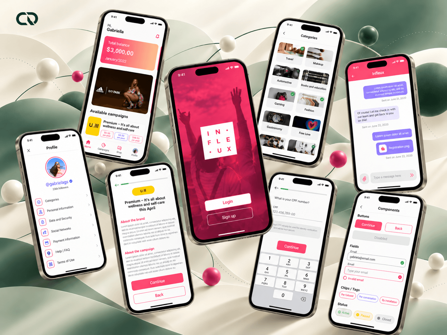 An Infleux interface composition with fields, messages, campaigns and mobile screens.