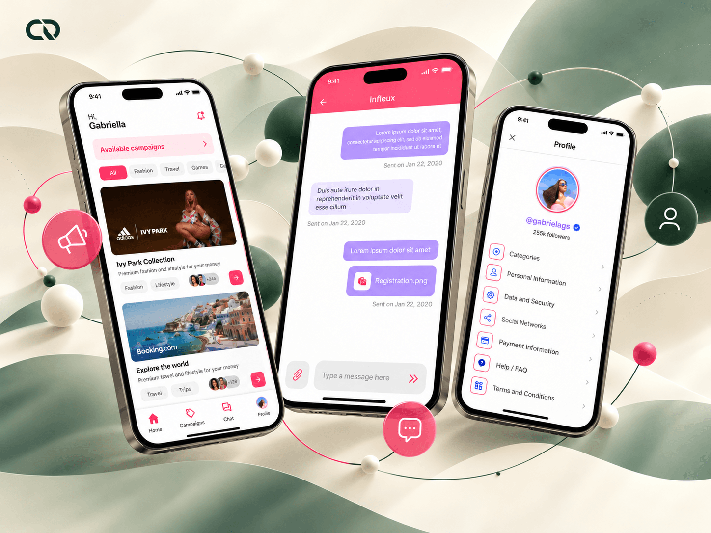 Campaign, chat and profile screens connected in an overview of the delivered mobile experience.