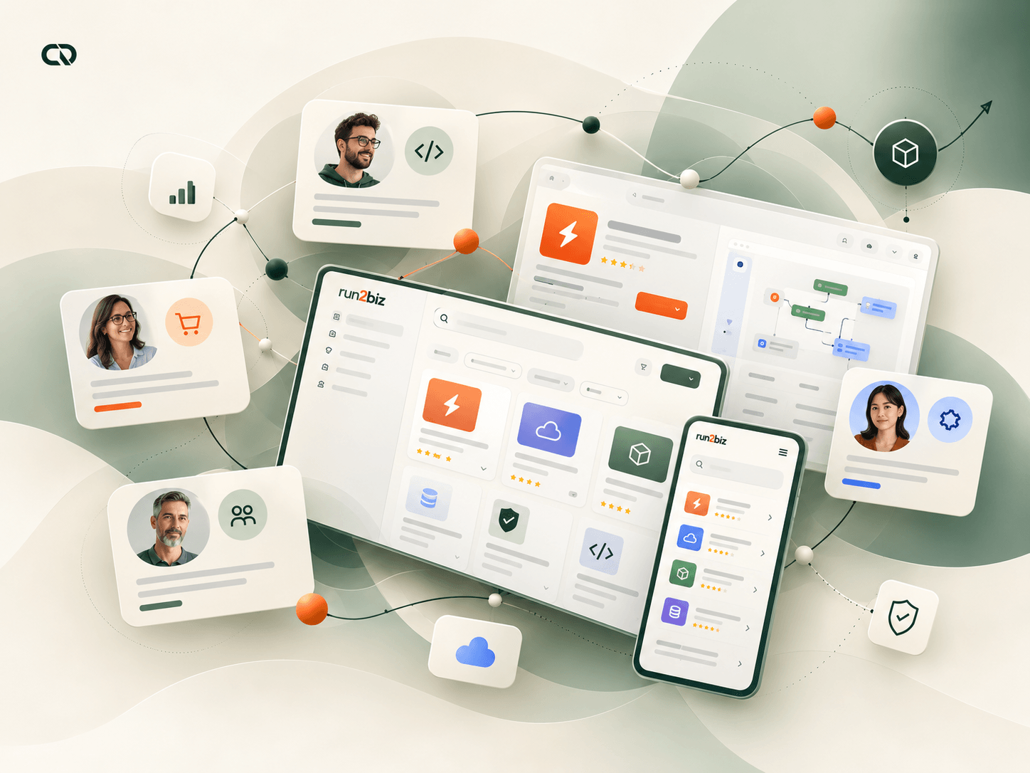 Perfis de usuários ao redor das interfaces de catálogo, publicação e gestão do marketplace.