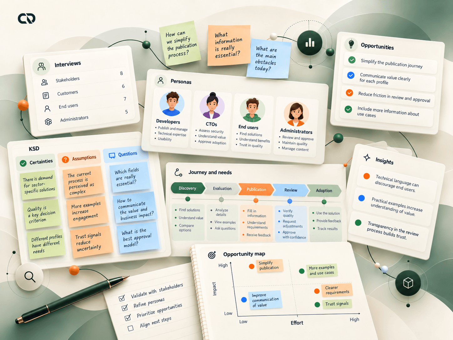 Discovery boards with profiles, a CSD matrix, questions and marketplace needs.