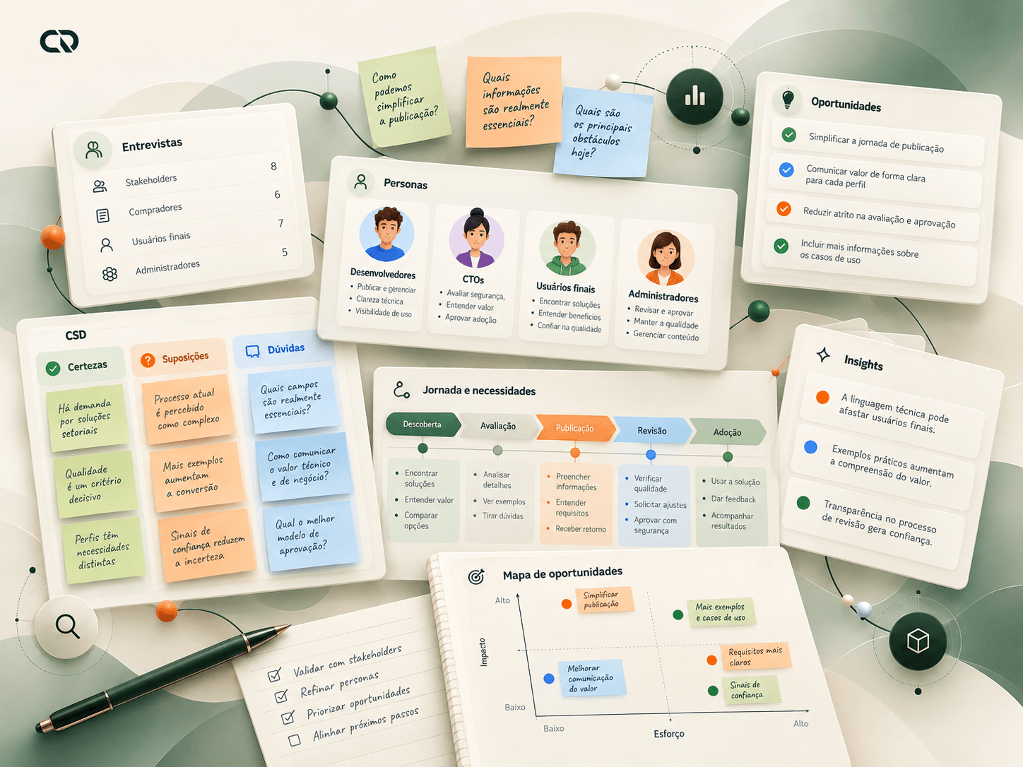 Painéis de discovery com perfis, matriz CSD, perguntas e necessidades do marketplace.