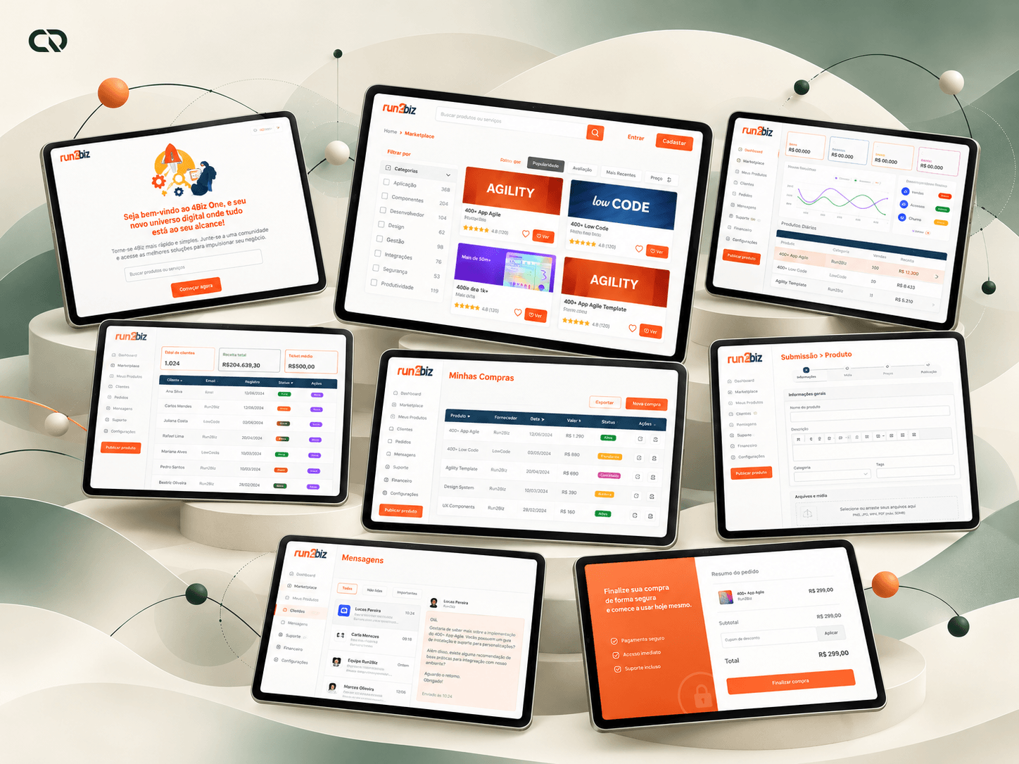 Composição de tablets com catálogo, detalhe de produto, formulários e dashboards da Run2Biz.