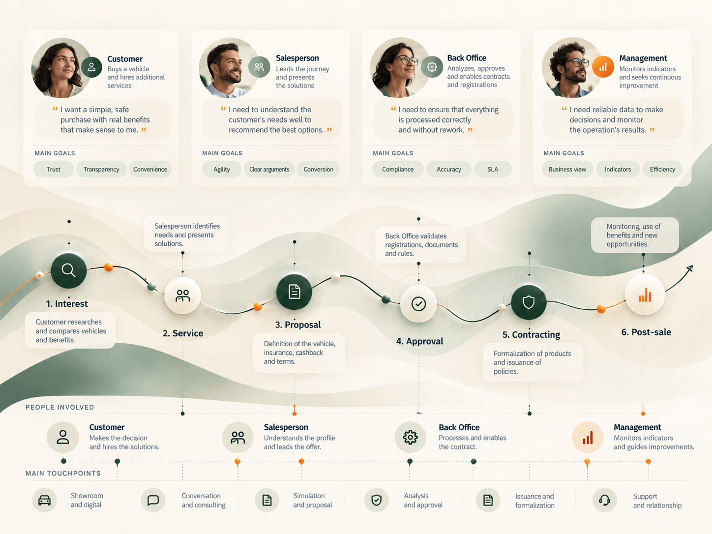 Profiles and insurance purchase journey stages, with responsibilities and channels.