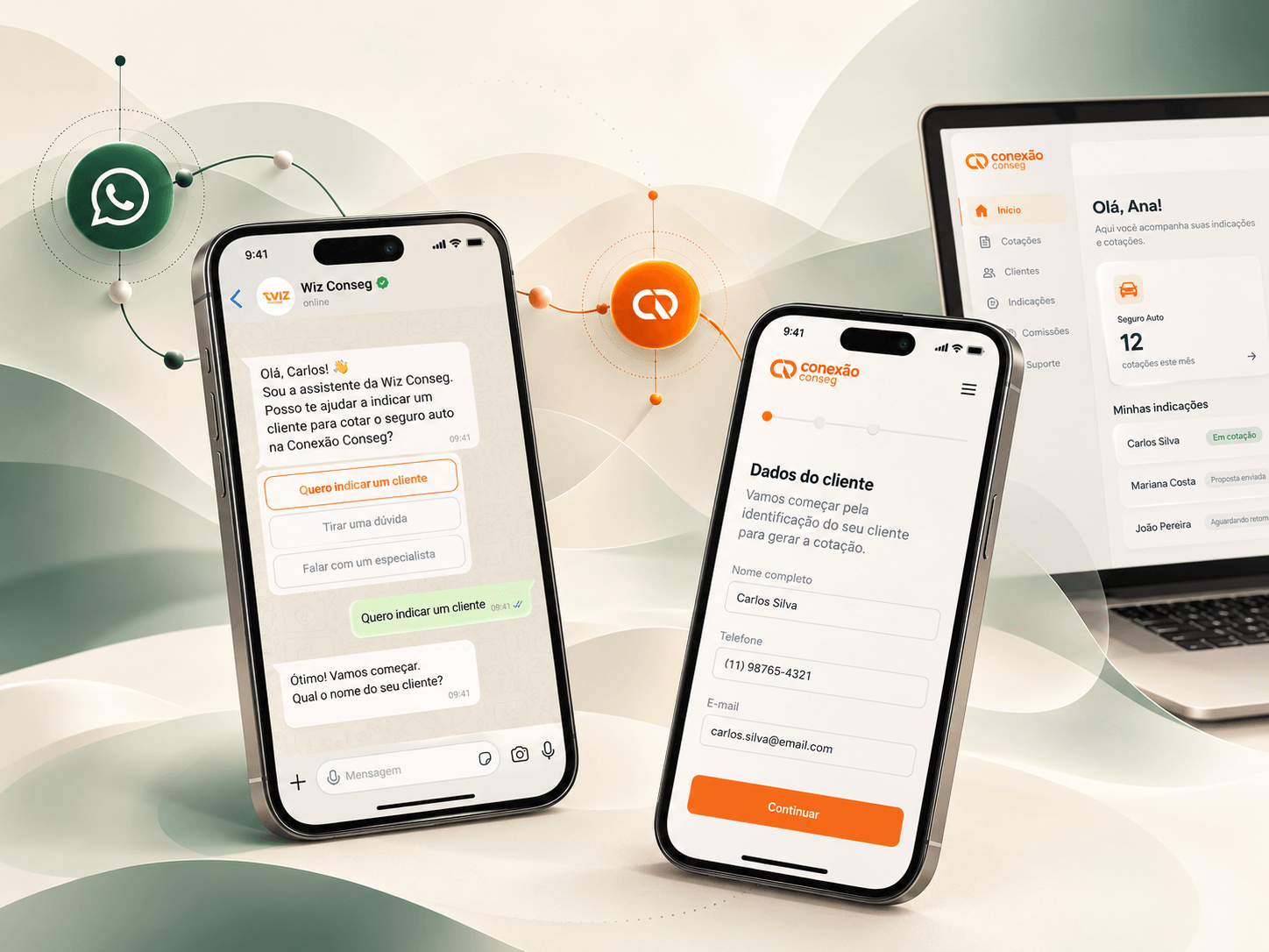 Celulares com conversa no WhatsApp, formulário de dados e painel de acompanhamento.