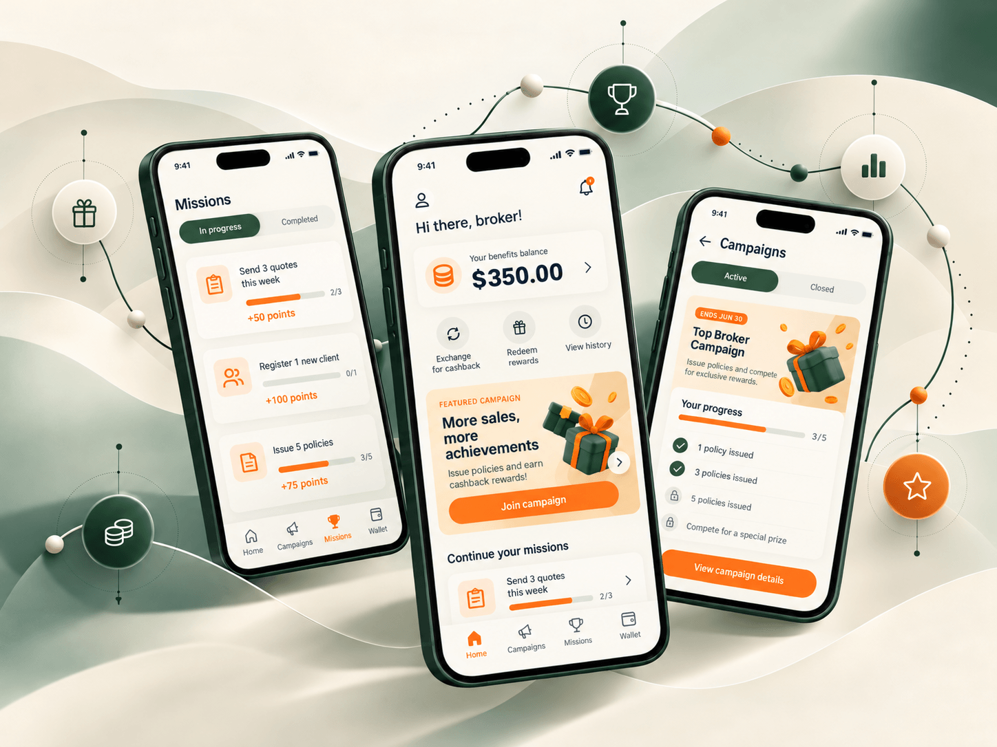 App screens with referrals, balance, campaigns and Conexão Conseg benefits.