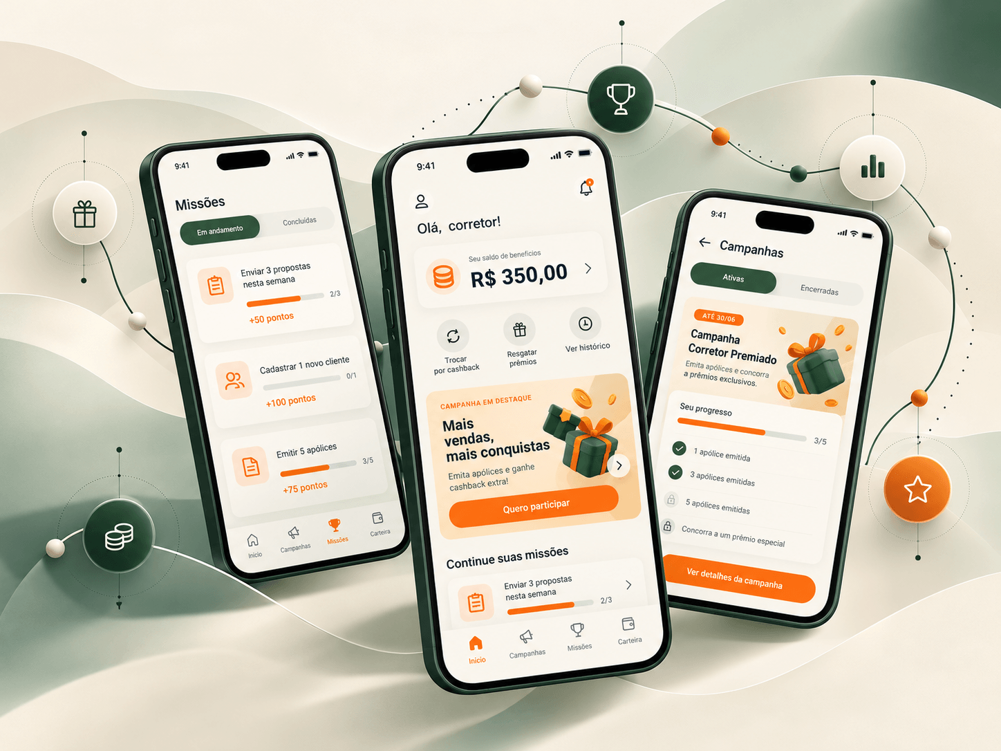 Telas do aplicativo com indicações, saldo, campanhas e benefícios do Conexão Conseg.