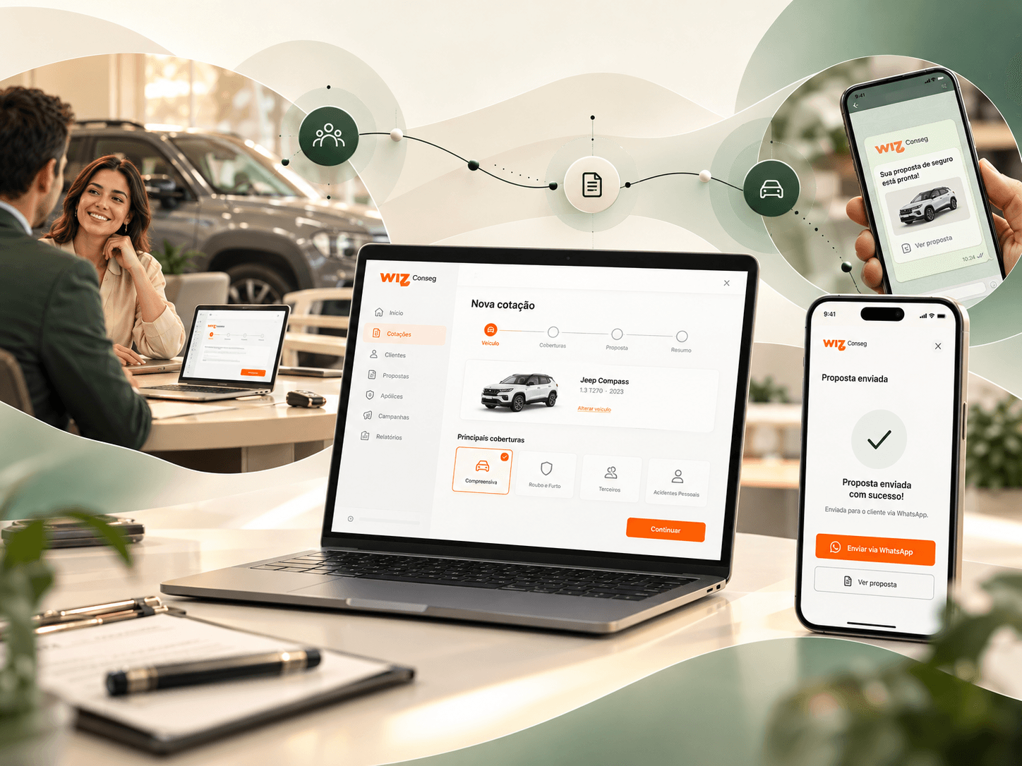 Ambiente de concessionária com interfaces digitais de indicação e acompanhamento de seguros.