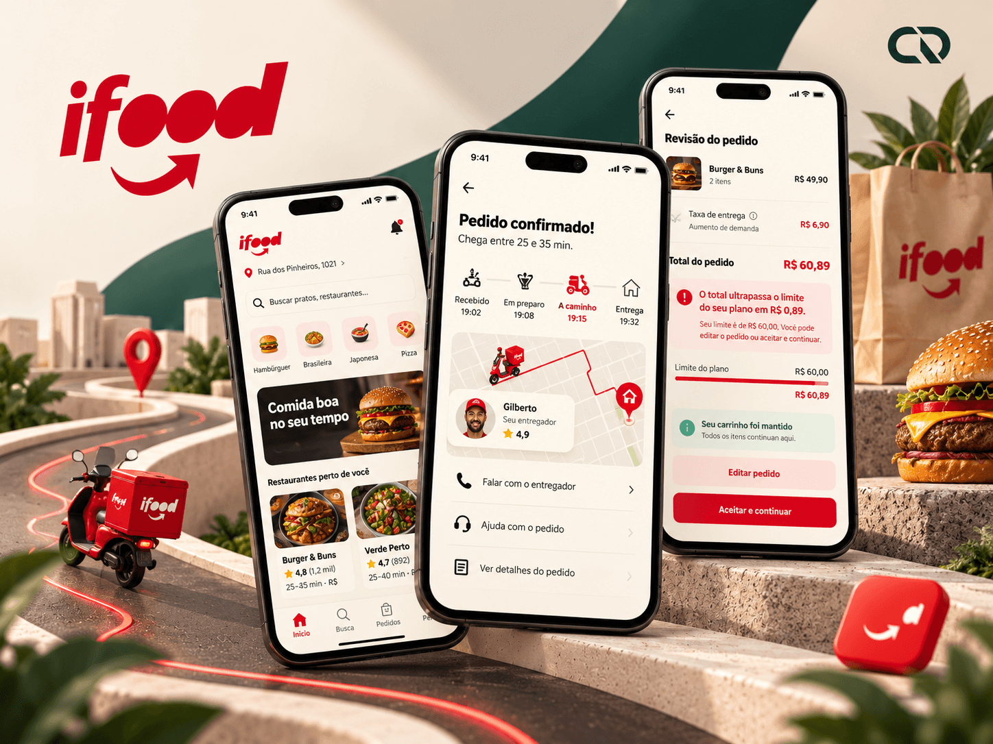 iFood à Mesa: três celulares com início, acompanhamento da entrega e revisão do pedido, em uma composição verde e areia com elementos vermelhos.