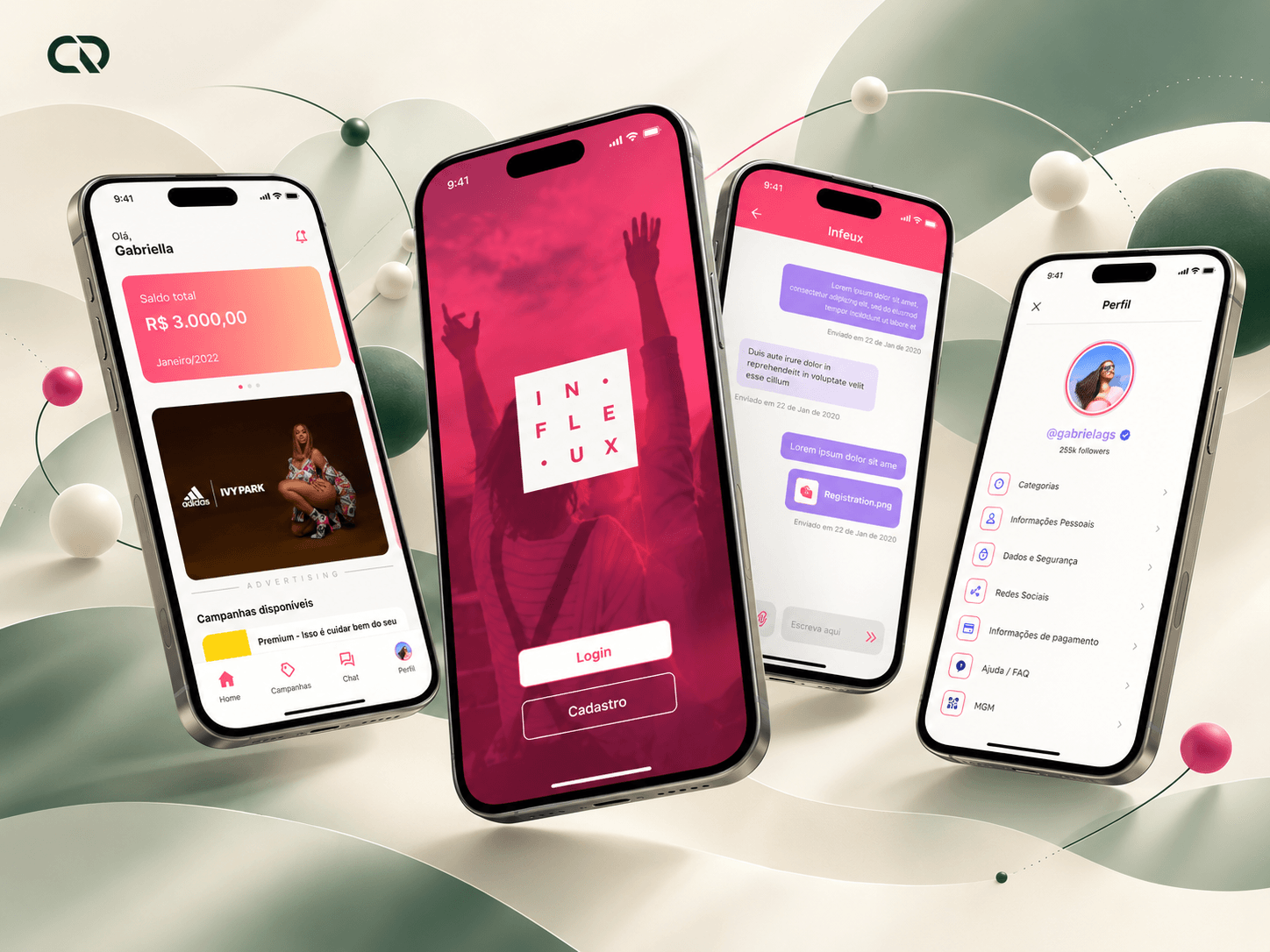 Celulares com as telas de campanhas, entrada, conversa e perfil do aplicativo Infleux.