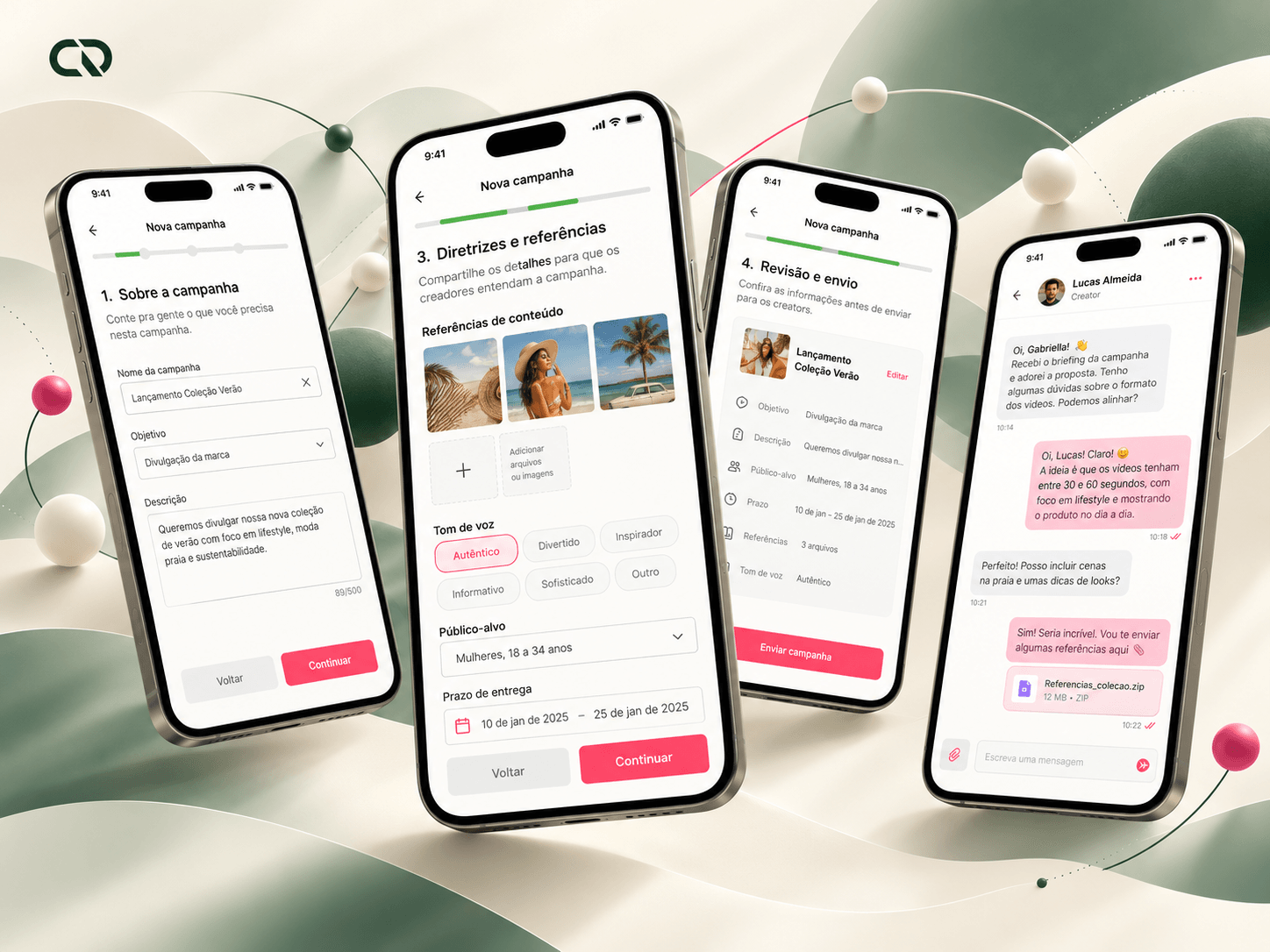 Telas de briefing, etapas da campanha, orientações e conversa entre influenciador e equipe.