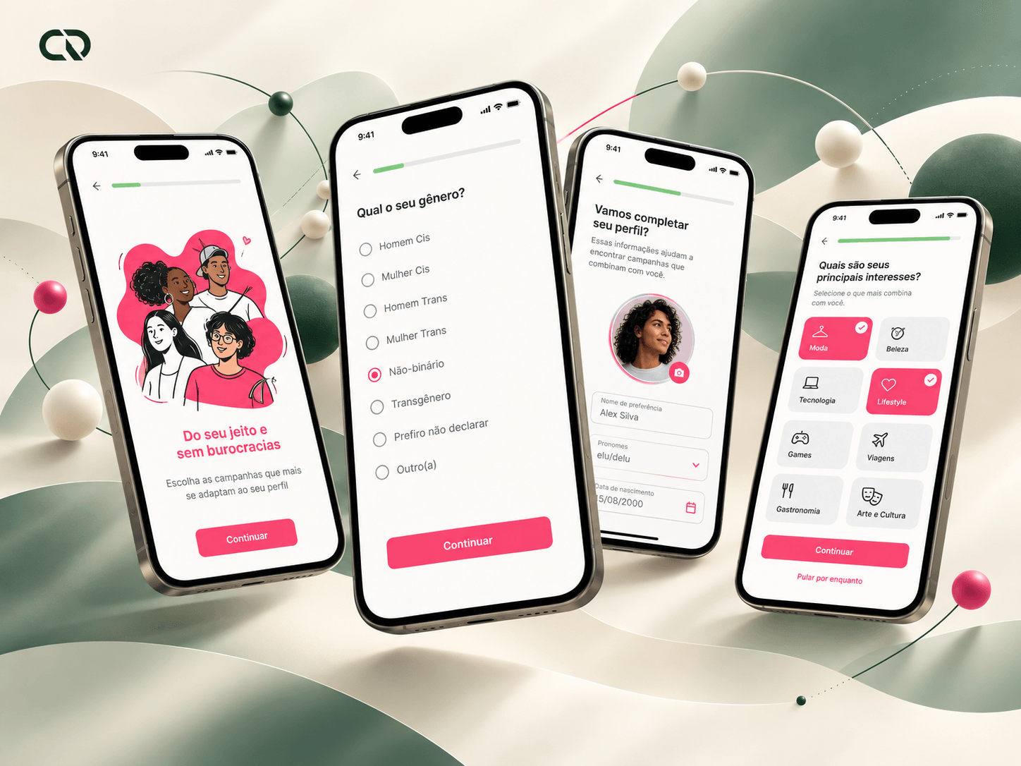 Onboarding, opções de identificação de gênero e perfil com conexões às redes sociais.
