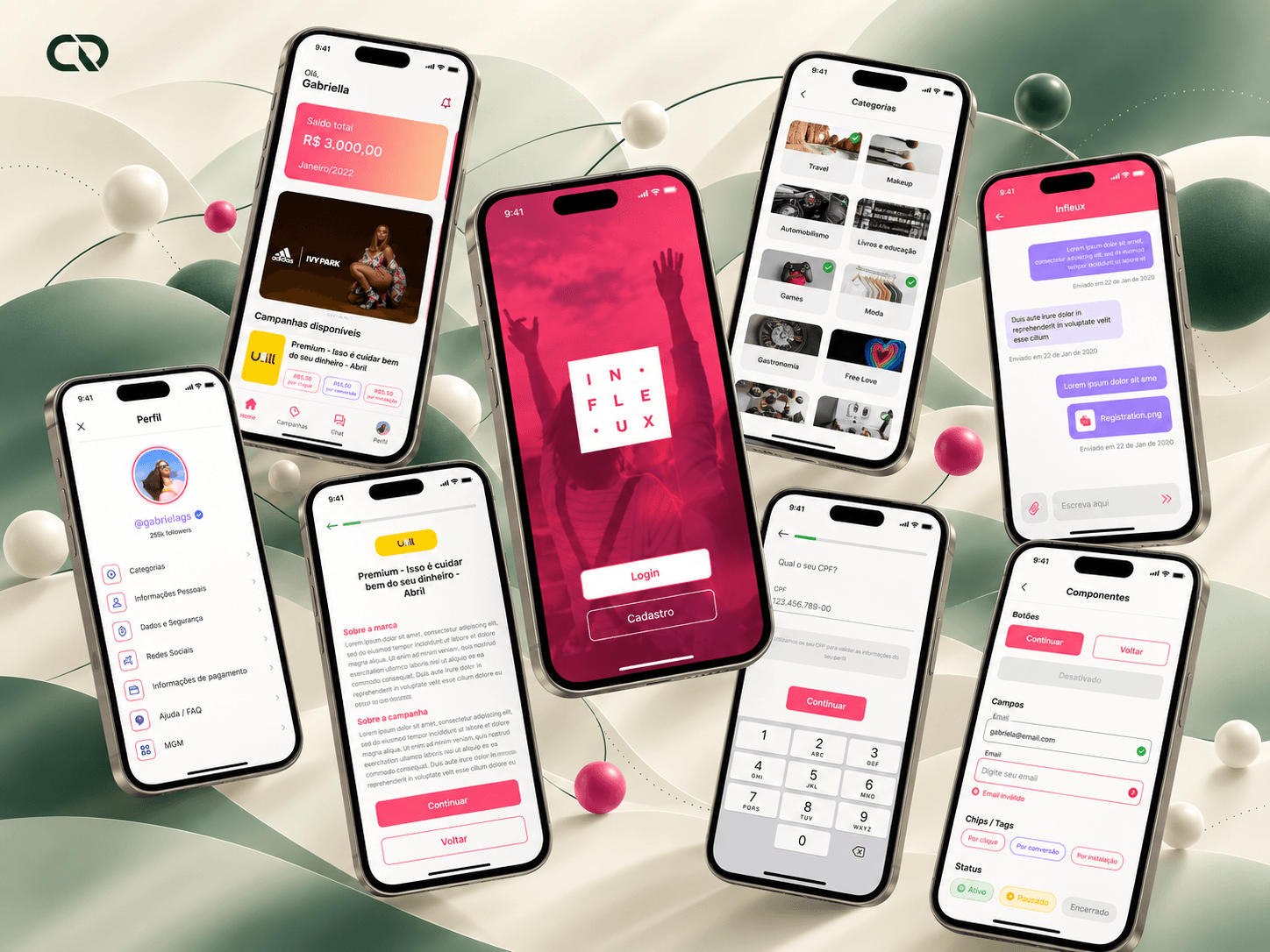 Composição das interfaces Infleux com campos, mensagens, campanhas e telas mobile.