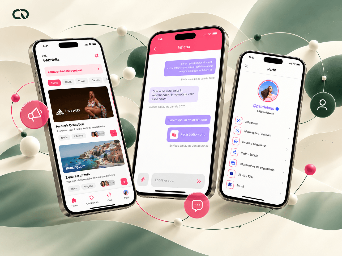 Telas de campanhas, chat e perfil conectadas em uma visão da experiência mobile entregue.