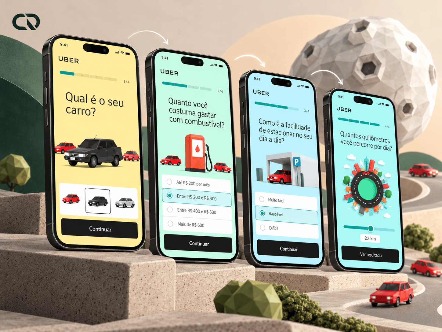 Quatro telas em celulares apresentam perguntas sobre o carro, combustível, estacionamento e quilômetros percorridos, com controles próprios para cada resposta.