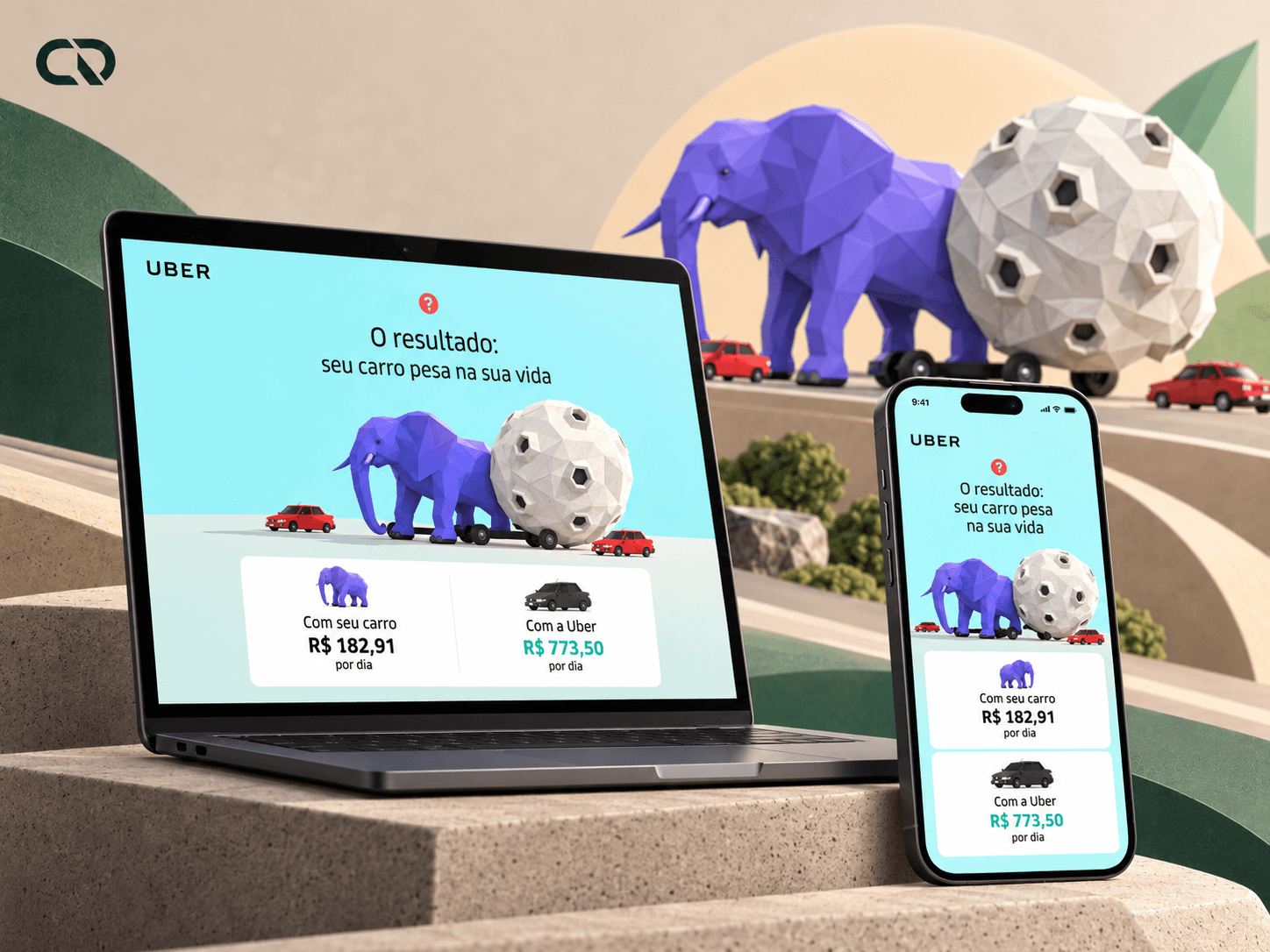 Telas de resultado em desktop e celular apresentam um elefante, um objeto pesado e valores comparativos entre carro próprio e Uber.