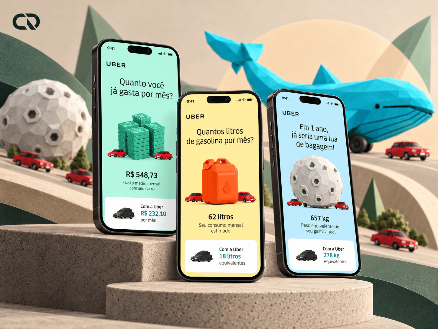 Três telas em celulares apresentam custos mensais, combustível e equivalências de peso, acompanhadas por dinheiro, bagagem, uma baleia e um objeto pesado em 3D.