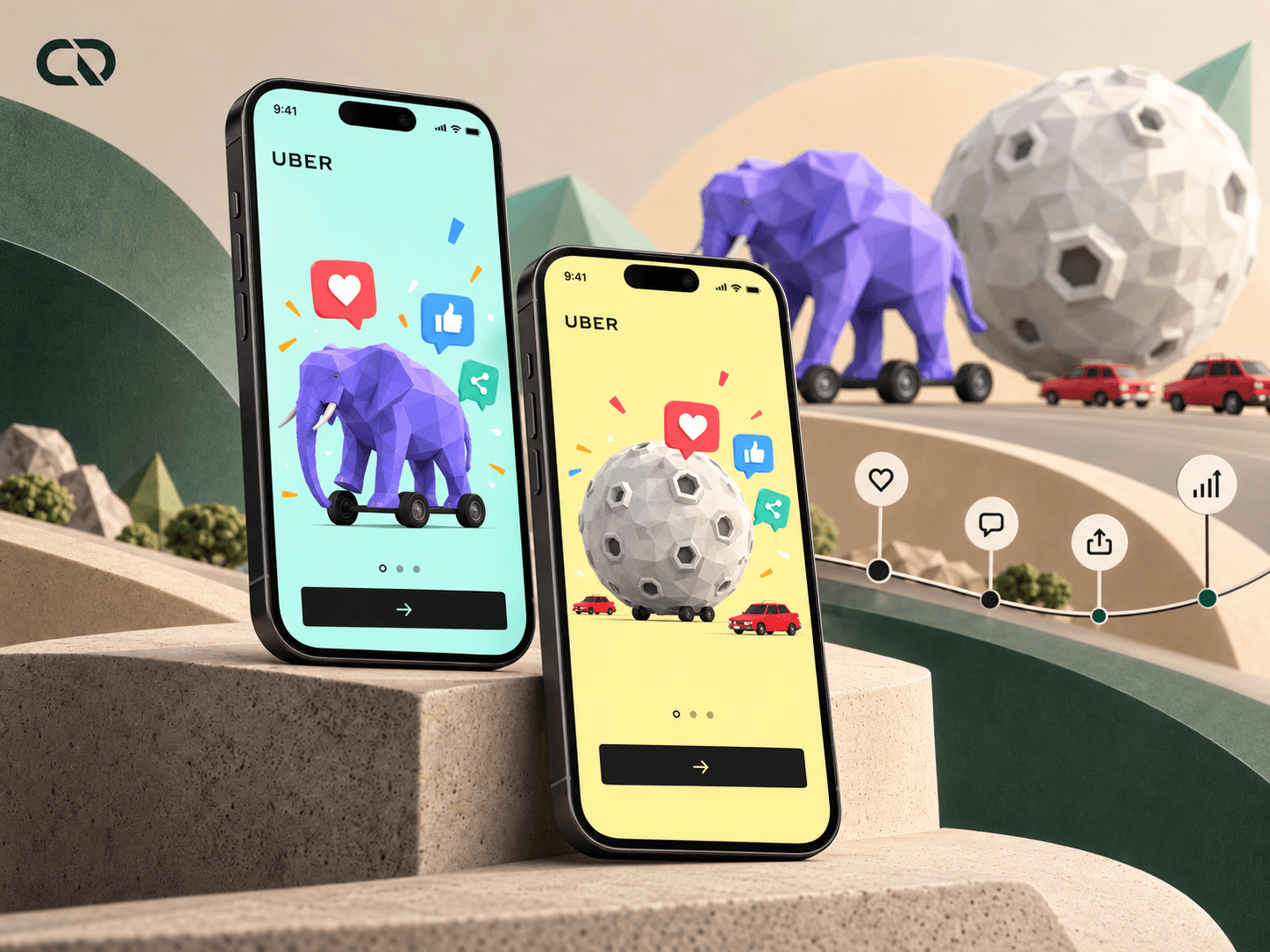 Composição editorial com dois celulares exibindo os resultados visuais da campanha, ícones de conversa e compartilhamento e elementos low-poly.