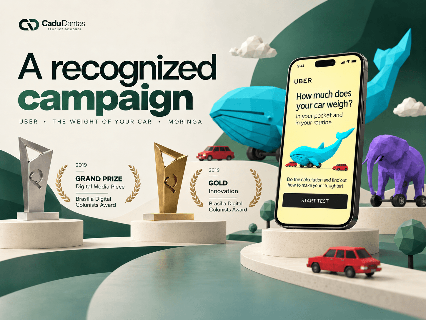 English-language editorial artwork for Uber's The Weight of Your Car campaign, depicting its 2019 Grand Prix for Digital Media Piece and Gold for Innovation awards.