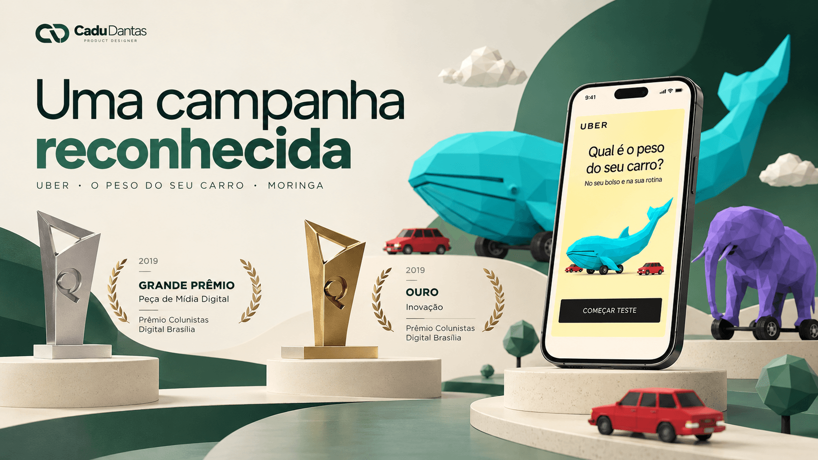 Arte editorial de premiação da campanha Uber O Peso do Seu Carro, com representações dos reconhecimentos de Grande Prêmio em Peça de Mídia Digital e Ouro em Inovação, de 2019.