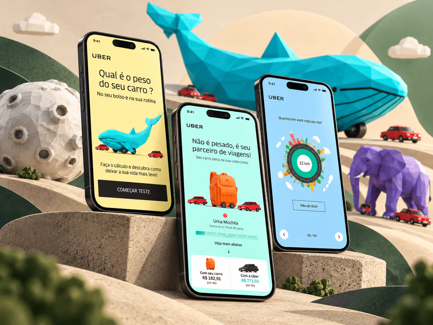 Três celulares com telas da campanha Uber O Peso do Seu Carro, cercados por uma baleia azul, um elefante e uma mochila em 3D low-poly.