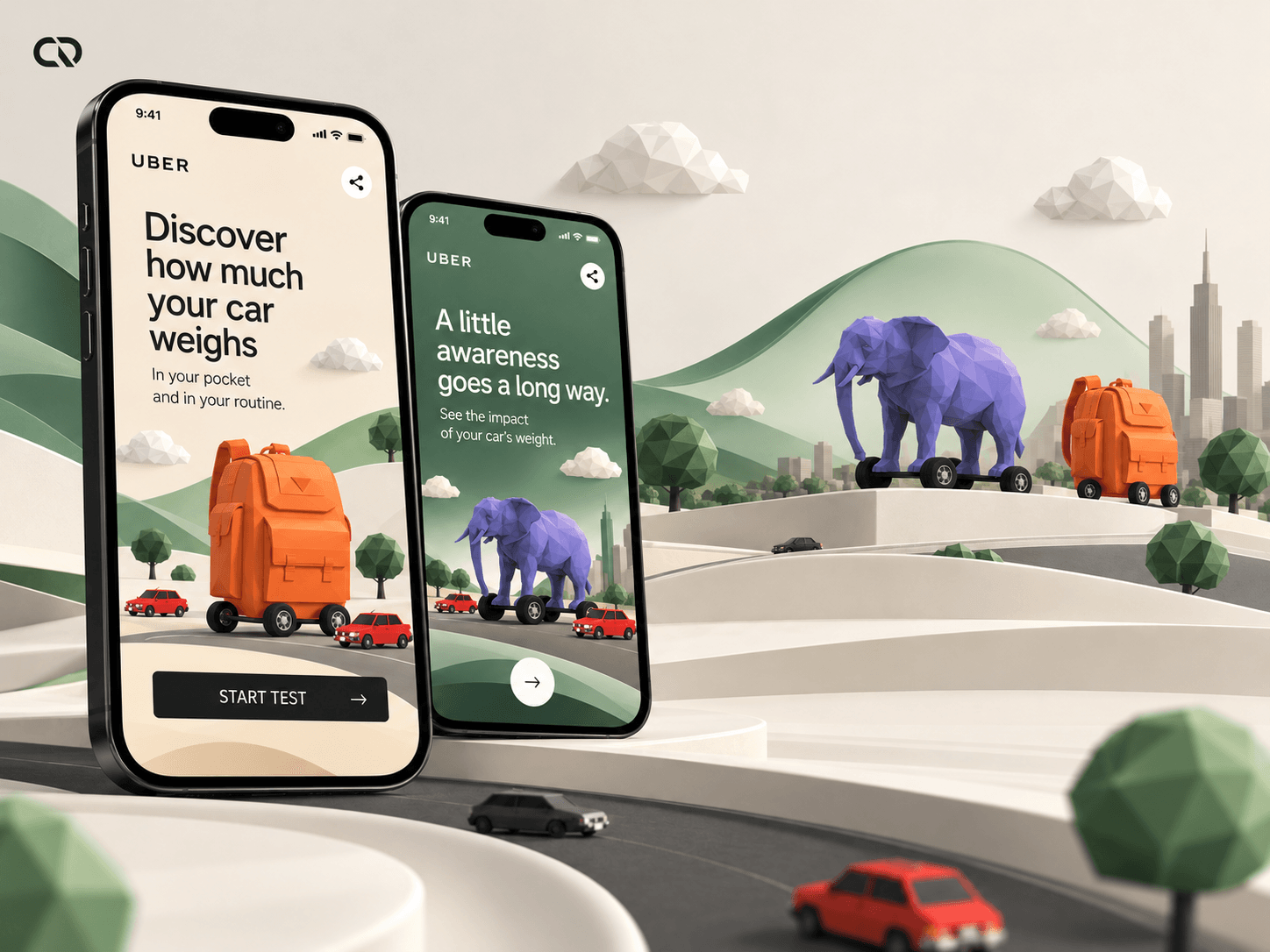 Composição editorial da campanha O Peso do Seu Carro, com telas em celulares, veículos e metáforas de peso em 3D low-poly.